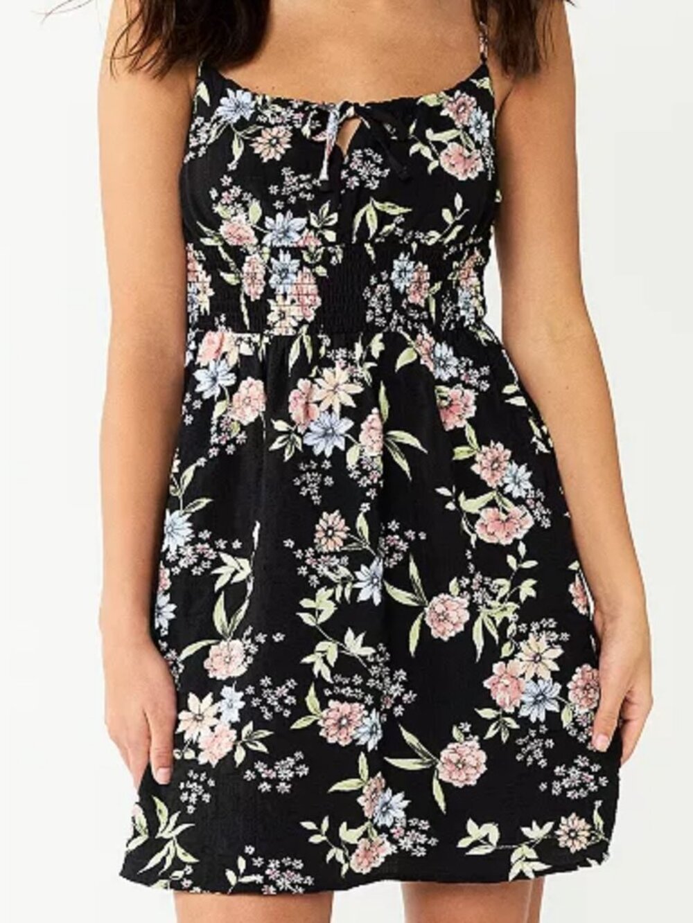 Junior's SO Tie Front Smocked Waist Baby-Doll Dress - Black Floral - XS - NWT